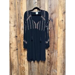 Boho Embroidered Dress Womens S Black Tassel Peasant Cottagecore Indie Oversized